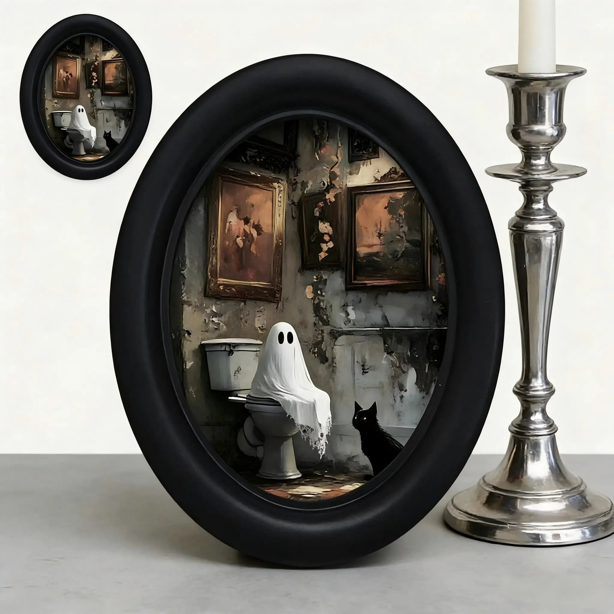 Gothic 3D Cat Toilet Decor, Victorian Bathroom Decoration, Bathroom Wall Art, PVC Oval Wall Ornament with Border, Halloween Christmas Thanksgiving Home Office Horror Decor, Decoration Items
