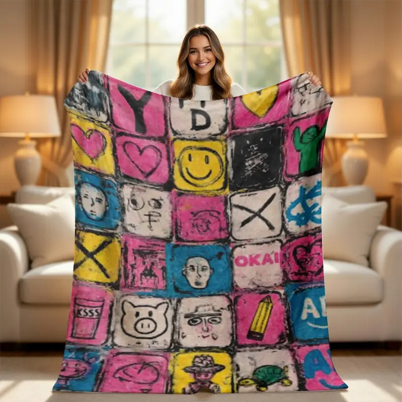 Graffiti Pop Art Throw Blanket - Funny Pink-Yellow Checkerboard, Colorful Blocky, Graphic, Art Print, Dopamine Decor for Couch, Bed, Quirky Cool Gift, Checkerboard Print Blankets, Colorful Blocky Blankets