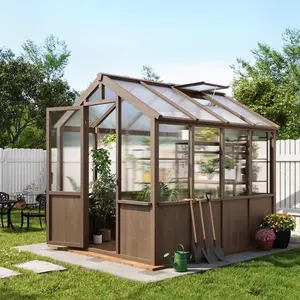 Garvee 6x8 FT Greenhouse - Large Wooden Greenhouses for Outdoors, Heavy Duty Spruce Frame Greenhouse with PC Panels, Adjustable Roof Vents & Lockable Door, Walk-in Green Houses for Garden, Backyard, Patio