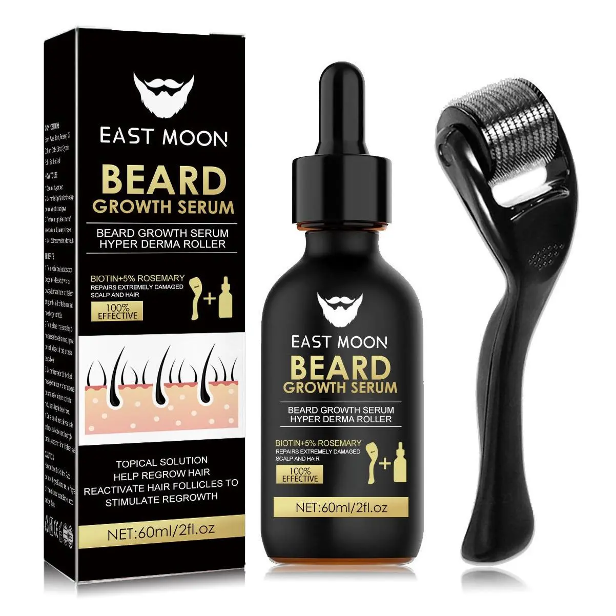 Beard Growth Essence and Beard Massage Roller, Beard Care Essence, Accelerate Beard Growth, Making Your Beard Thicker and Shinier.