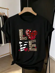 Women's Round Neck Short Sleeve T-Shirt, Leopard Print Love Heart Pattern, Sweet Cool Romantic Casual Cute Style, Daily Wear, Summer Top, Casual Chic Top, Women's Clothing, Womenswear, Lady Fit