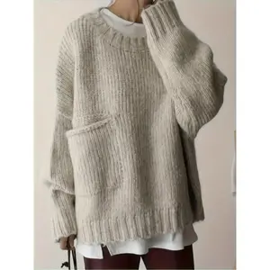 Women's Plain Pocket Sweater Pullover, Casual Long Sleeve Round Neck Jumper for Daily Wear, Ladies Knitwear for All SeasonsGift