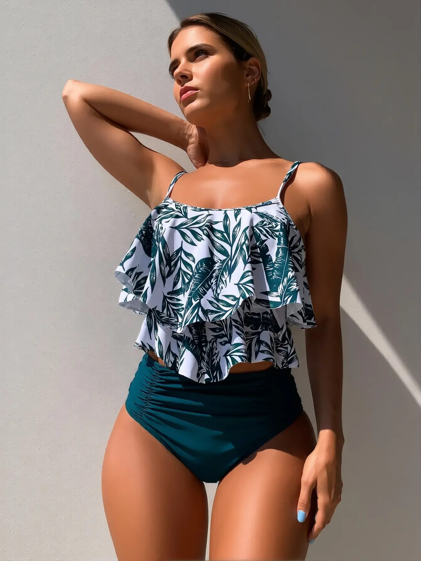 Women's Double Ruffle Tankini Set, 2-Piece Tropical Print Bathing Suit with Tummy Control High-Waisted Bottoms, Swimsuits, Tankini Cute, Swimsuit For Women, Women's Swimsuits