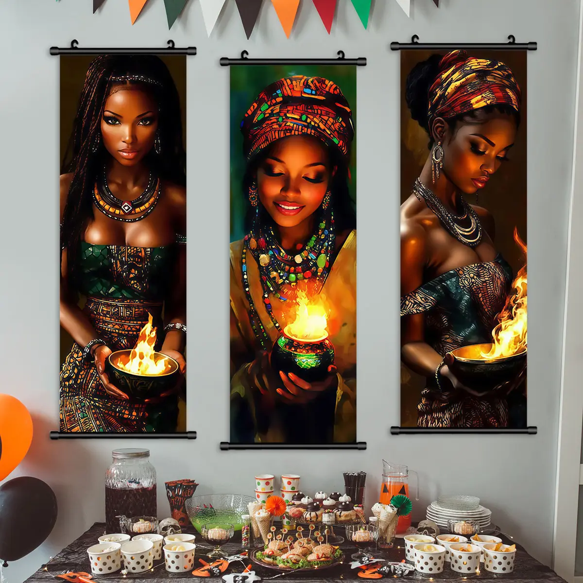 3-Piece African Traditional Clothing & Flame Art Poster Set, Art Prints, Artistic Modern Living Room Decor, Waterproof Wall Art for Hallway & Bedroom, Easy Hanging, Wall Decoration, Decorative Wall Art, Modern Design