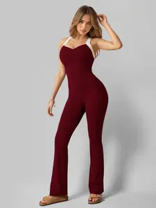 Women's Colorblock Backless Yoga Suit, Sleeveless Ballet Style Jumpsuit, Long Pants Fitness Training, Gym and Home Comfort