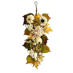Nearly Natural 33 in. Fall Sunflower, Hydrangea and Pumpkin Teardrop