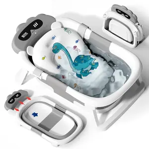 Baby Bathtub,Collapsible Bathtub for Newborn to Toddler,Durable Essential Infant Bath Tub,Portable Travel Baby Tub with Soft Bath Net,No-Slip Feet and Dinosaur Shaped (Grey)