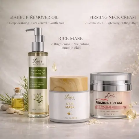 1609- Liza's Beauty Line Night Care Routine - Makeup Remover Oil, Firming Neck Cream, Rice Mask for Brightening & Nourishing Skin