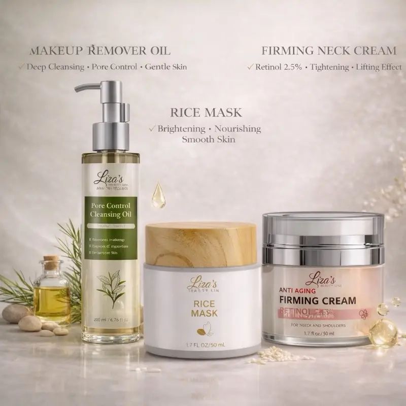 1609- Liza's Beauty Line Night Care Routine - Makeup Remover Oil, Firming Neck Cream, Rice Mask for Brightening & Nourishing Skin