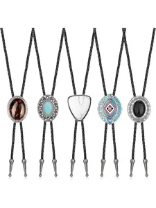 Sleek 5 Pcs Handmade Western Cowboy Bolo Ties Set for Women Men Unisex Retro Stone Decorated Neck Accessories with Timeless Vintage Totem Aesthetics Raw Rustic Temperament Pliable Leather Robust Alloy Material Refined Elegant Look
