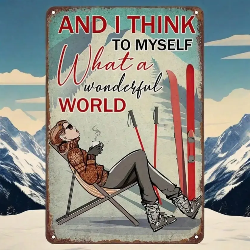Aluminum Skiing Girl Weather Resistant Sign Pre Drilled Retro Decor No Electricity Needed for Ski Themed Homes and Cabins Room Decor Wall Decor House Decoration Stuff
