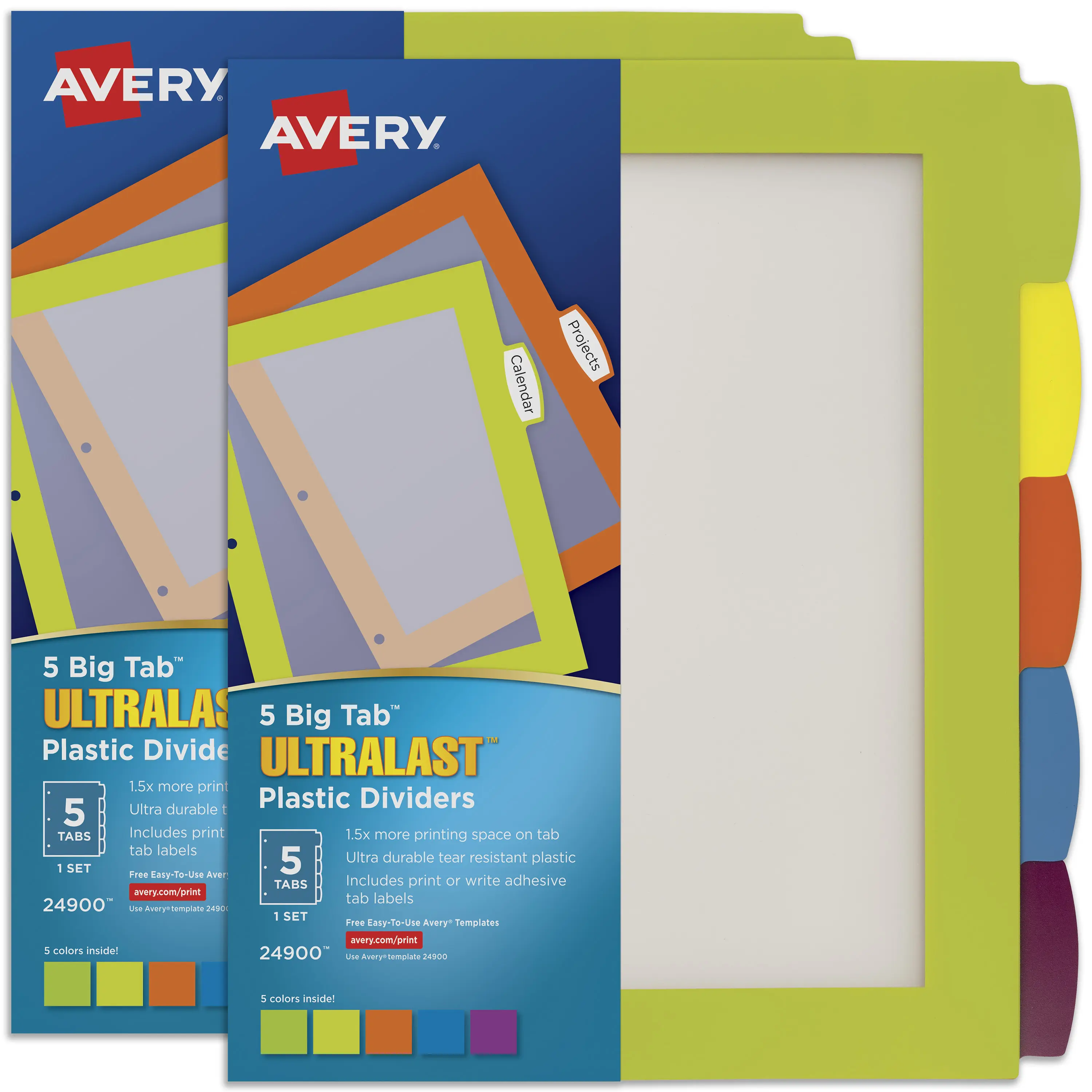 Avery Ultralast Big Tab Plastic File Dividers, Binder Organizer for 3-Ring Binders, 5-Tab Set, Multicolor, 2 Sets (24900)
