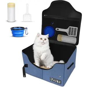 Petskd Portable Travel Litter Box for Cats with Lid and 10 pcs Liner Bags, Light Weight, Leak-Proof and Higher Sides for Road Trips, Hotel Stays, Car Travel(Blue)