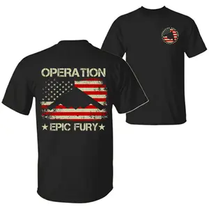 US Air Force B-2 Spirit Stealth Jet Operation Epic Fury with American Flag T-Shirt, USA Patriotic Pride 2 Sided Design Unisex Cotton T-shirt for Men for Women Menswear Womenswear Top