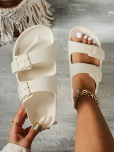 Women's Lightweight Comfortable Slippers, Adjustable Eva Orthotic Flat Sandals, Dual Buckle Design, Footwear Strap Slides, Casual Summer Footwear