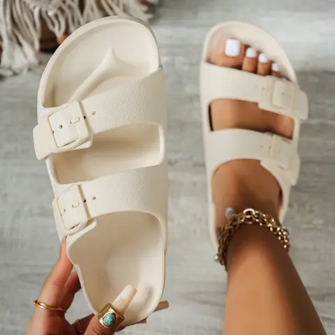 Women's Lightweight Comfortable Slippers, Adjustable Eva Orthotic Flat Sandals, Dual Buckle Design, Casual Summer Footwear, Buckle Strap Slides, Double Buckle Slides