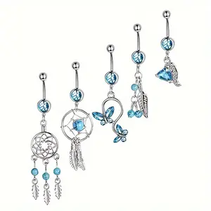 Set Of 5 Blue Dreamcatcher Butterfly Zirconia Belly Button Rings Heart Shaped Belly Button Clasp Piercing Body Jewelry