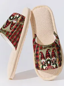 Christmas Gnomes Plaid Print Festive 1 Pair Breathable Linen Slippers, Non-slip Lightweight Cozy All Season Home Shoes for Family Daily Guest Wear
