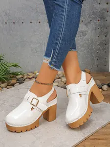 Wooden Heel Mules, Buckle Back Open Toe, Vintage Style Women's Shoes, Casual PU Upper, Rubber Sole, Less Than Ankle Height
