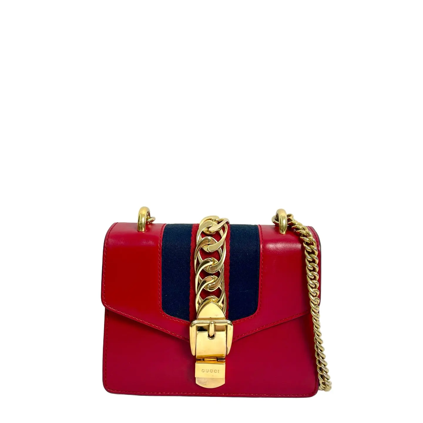 Pre-owned leather handle bag Gucci Sylvie Small Chain Shoulder Bag in Red with Web Stripe