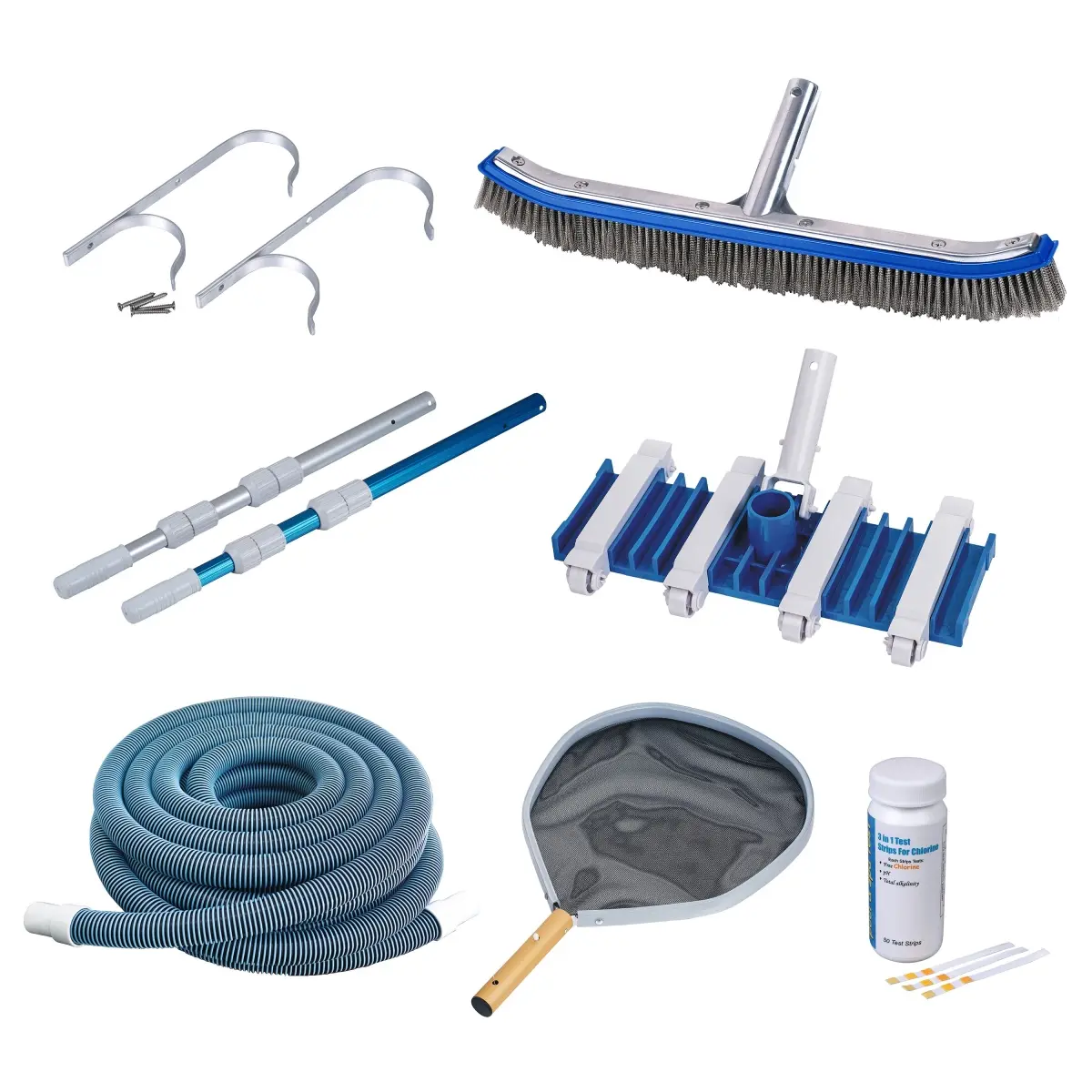 Deluxe Outdoor Pool Cleaning Kit, Designed for In-Ground Swimming Pools - 3-Piece 15' Telepole, 18" Flexible Head Wall Brush, 40' Vacuum Hose, 50 Test Strips