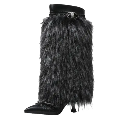 Women's Fashion Faux Fur Pointed Toe Knee High Chic Fold-Over Boots - 2" Kitten Heel Leather Walking Shoes for Snow, Fashion Booties