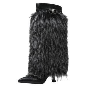 Women's Faux Fur Pointed Toe Boots Kitten Heel Knee High Snow Boots Fashionable Fold Over Boots 2 Inch Heel Tactical Walking Shoes - Furboots