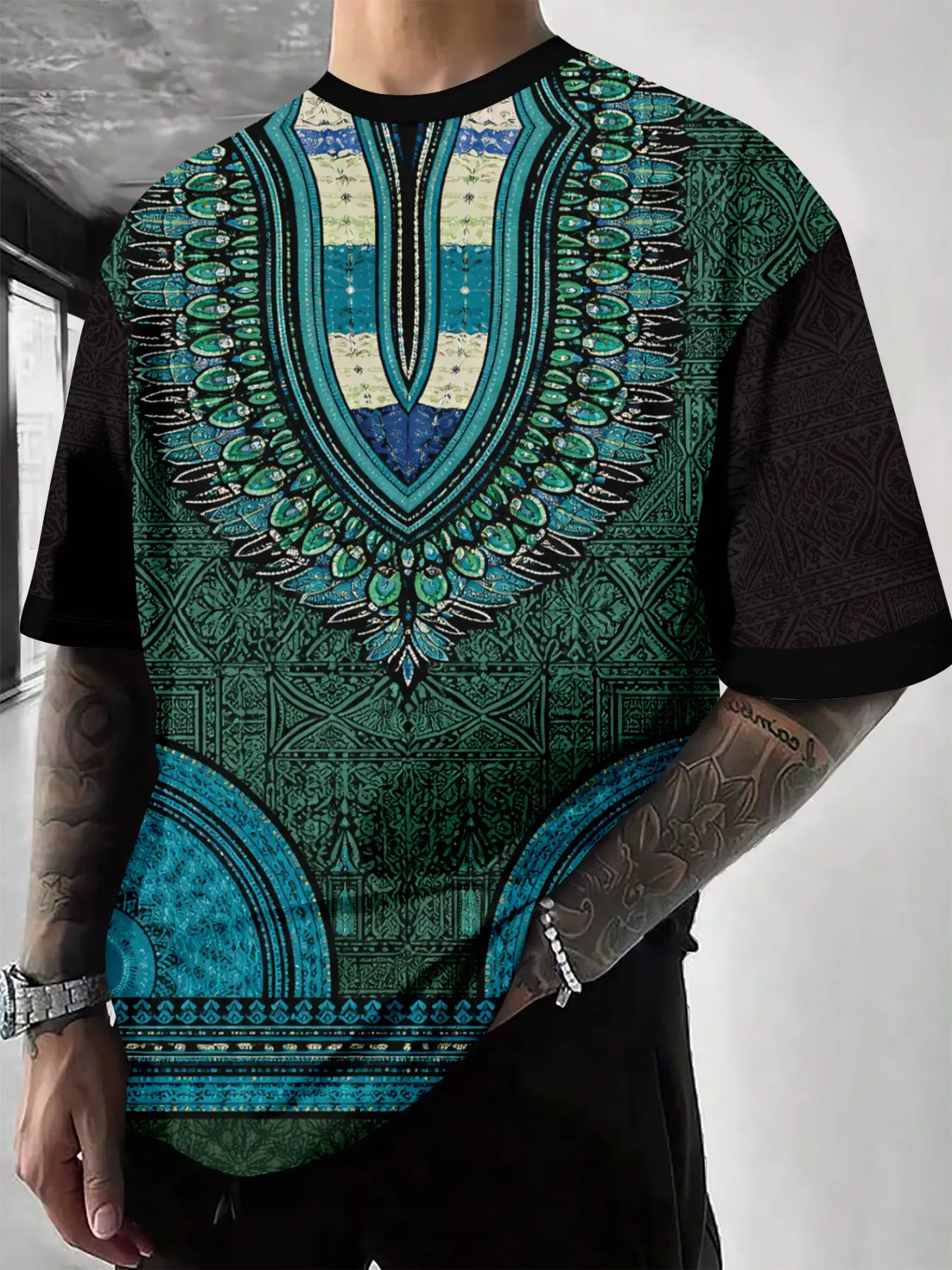 Men's Bohemian African Tribal Cultural Pattern Print T-Shirt, Round Neck Casual Short Sleeve Dashiki Style Streetwear, Loose-Fit Long T-Shirt