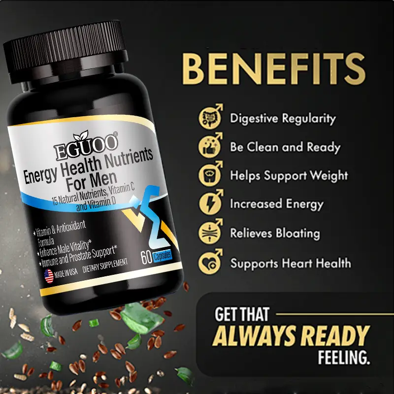 EGUOO Men's Dietary Energy wellness supplements - 60 capsules (1 Bottle) - Ashwagandha - Vitamin C and Vitamin D3 - Vegan - Gluten-free - Sugar free