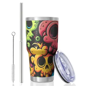 Skull 30 Oz Lce King Cup, Stainless Steel Top Bottom KeepsHot Cold Odor Free Slide Open Lid Flip Lid Suitable ForHome Office Outdoors Sports, Can Be Consumed DirectlyOr Used with a Straw, Skull Design I Stainless Steel Mug ,F_00023