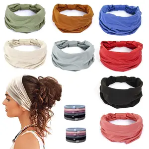 8pcs Wide Headbands for Women with Elastic Ties Boho African Knotted Non Slip Fashion Hair Bands Yoga Running Sports Workout Gym Head Wraps Elastic Soft Cloth Turbans Bandana for (Dark Green, Teal)