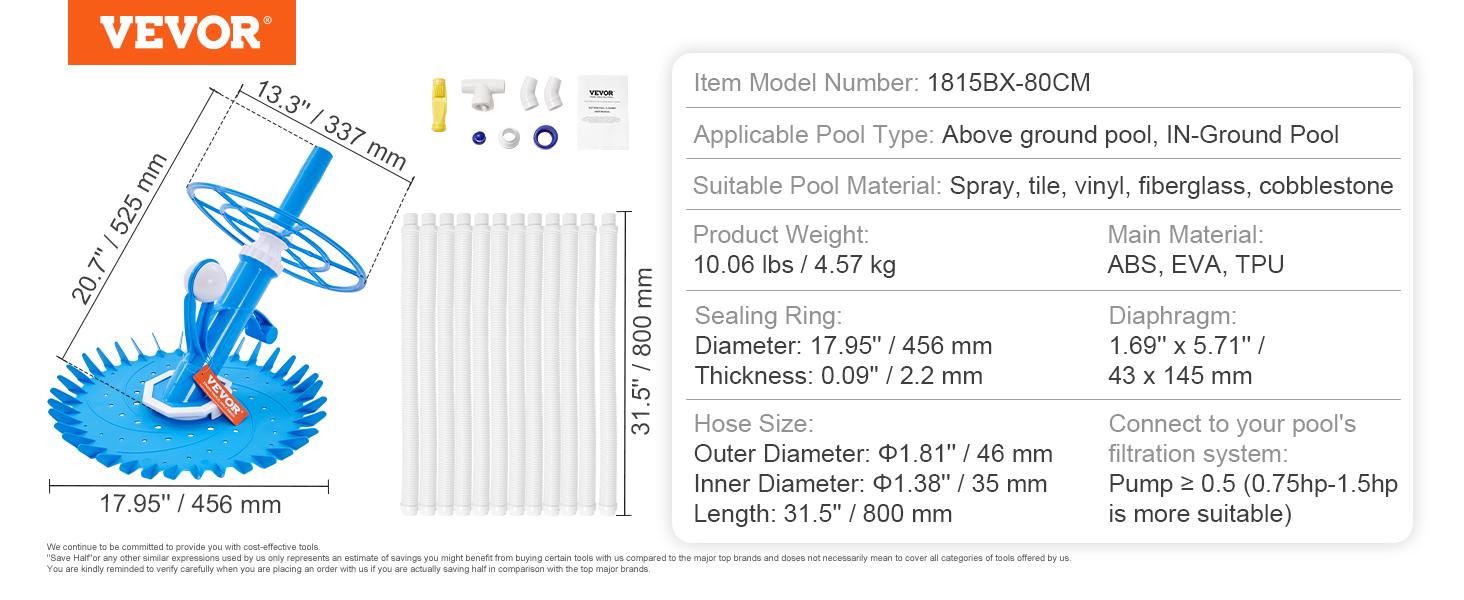 TikTokShopBlackFridayVEVOR Automatic Suction Pool Cleaner, Low Noise Pool Vacuum Cleaner with Extra Diaphragm, 10 x 32 in Hoses & 36-Fin Disc, Side Climbing Pool Cleaners for Above-Ground & In-ground Swimming Pool