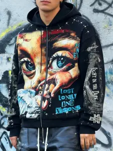 Men's Fashion Lost Lonely and Visions Angel Eye Full Print Graphical Hoodie, Loose-Fitting Zipper Sweatshirt, Casual Streetwear Pop Art Style Jacket