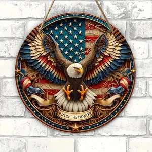 Wooden Eagle & Flag Pattern Hanging Decor, Creative Round Hanging Plaque, Wall Decor for Home Office Coffee Shop, Home Decor, Ornaments