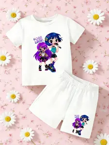 Kpop Summer Girls' Short Sleeve Set, Cartoon Print T-Shirt and Shorts, Casual Slim Fit, Breathable Comfort, Mother's Day Gift