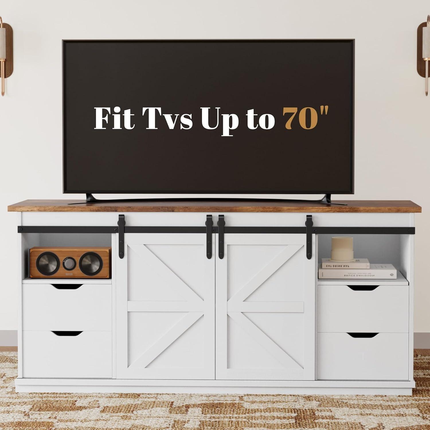 FURMAX TV Stand for Televisions up to 65 Inchs, with Sliding Barn Doors and 4 Storage Drawers, Console Table and Media Furniture for Living Room, 58 Inch