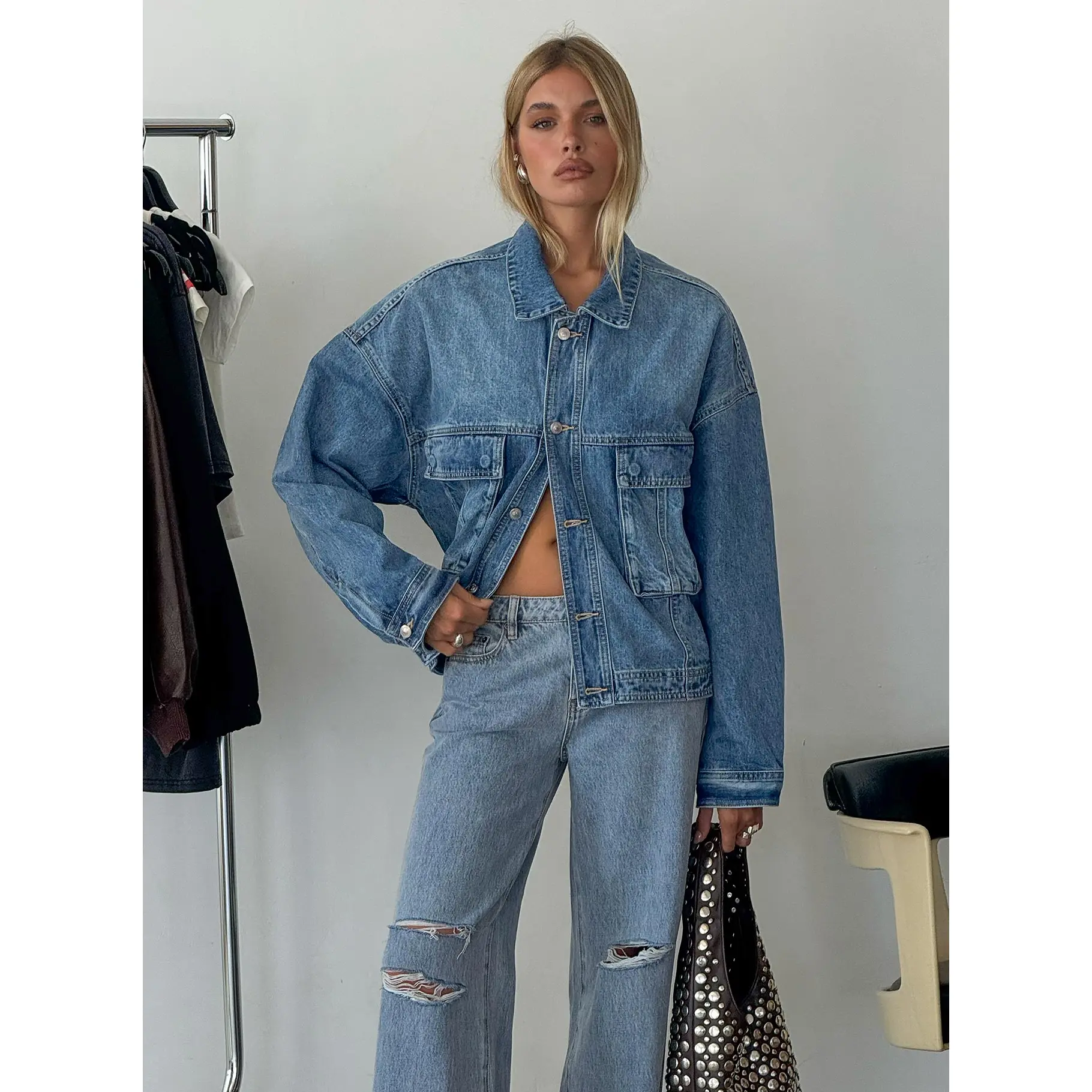 Kier Oversized Jacket Denim Mid Wash - TikTok Shop