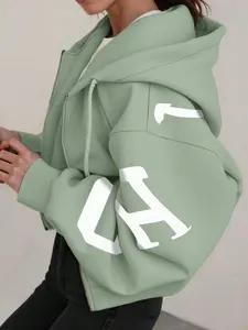 Women's Mint Green Zip Up Hoodie Loose Fit Cropped Letter Print Hooded Jacket With Front Pockets Soft Thermal Lining Casual Sweatshirt for Autumn Winter Spring