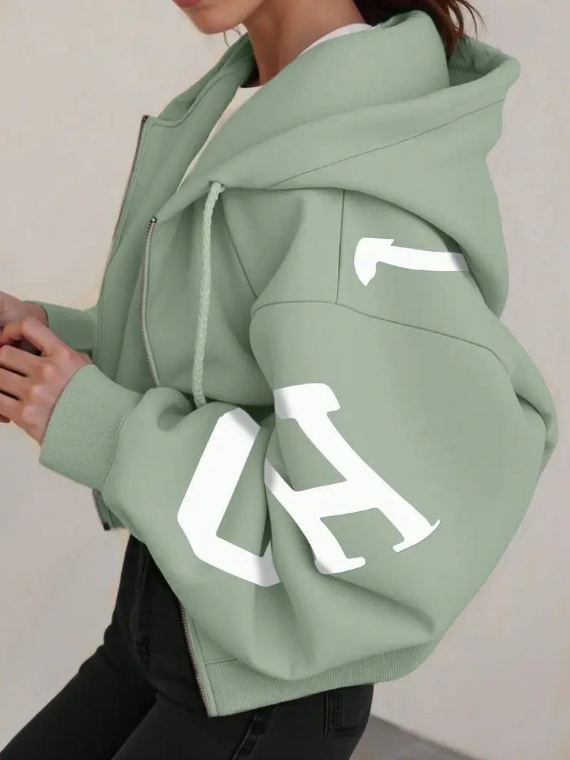 Women's Mint Green Zip Up Hoodie Loose Fit Cropped Letter Print Hooded Jacket With Front Pockets Soft Thermal Lining Casual Sweatshirt for Autumn Winter Spring
