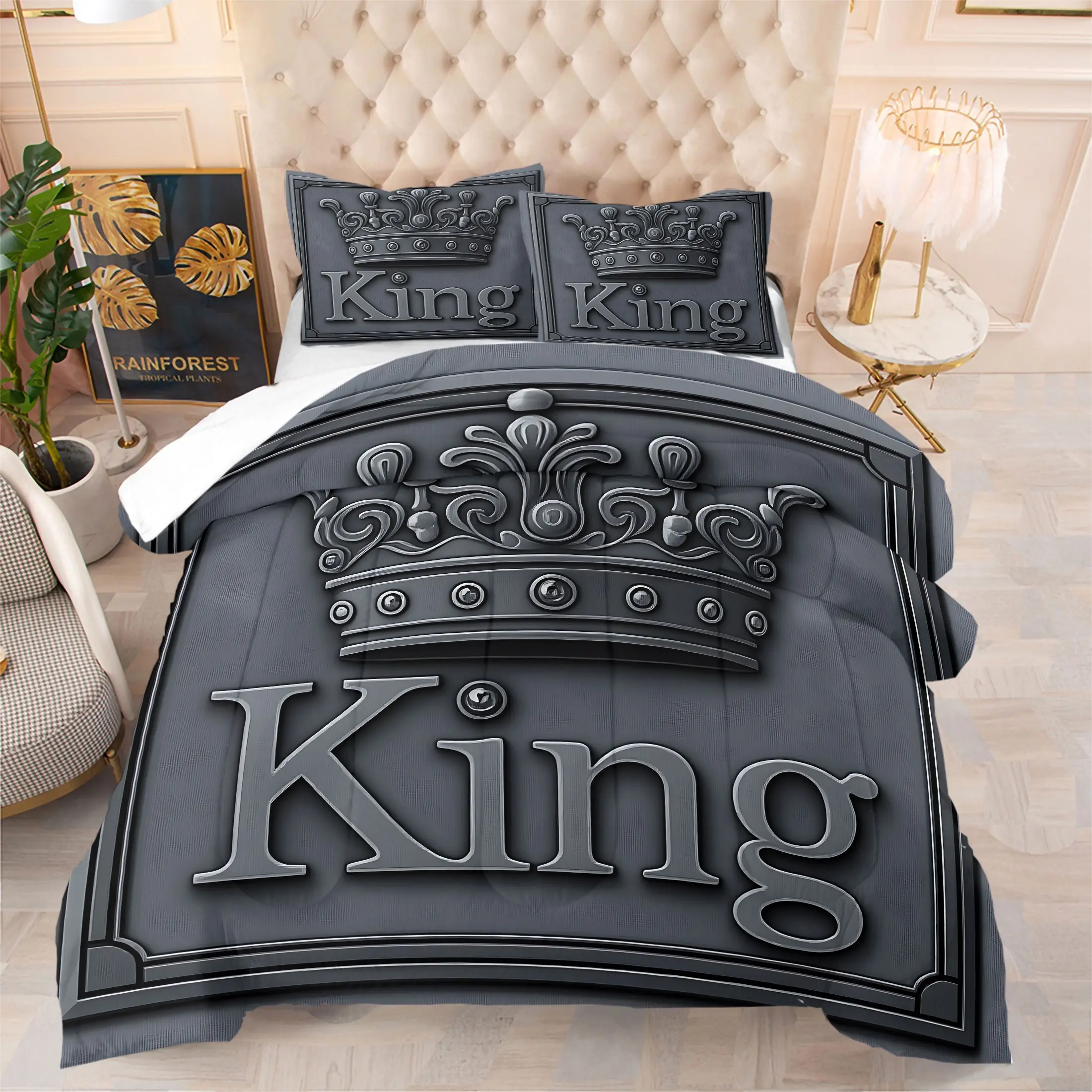 King Crown Print Comforter Set, Soft Bedding Sets, 2/3Pcs Soft Microfiber Quilt with Pillowcases, Matching Decorative Bedding Set for Couples, Viral Bedroom Decor for Him & Her, Perfect Anniversary & Valentine's Gift, Without Pillow Insert