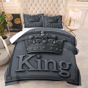 👑King Crown Print Comforter Set, 2/3Pcs Soft Microfiber Quilt with Pillowcases, Matching Bedding Set, Decorative Bedding Set for Couples, Viral Bedroom Decor for Him & Her, Perfect Anniversary & Valentine's Gift, Without Pillow Insert
