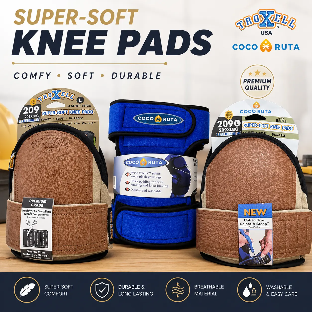 COCORUTA TROXELL USA SuperSoft Leatherhead Kneepads - (Large Size / Bagged in Pairs) - Comfortable, Adjustable, Washable Kneepads - Heavy Duty Construction Flooring Knee Pads for Tile Roofing Gardening Work | Adjustable Cut-to-Size Strap | All-Day Comfort