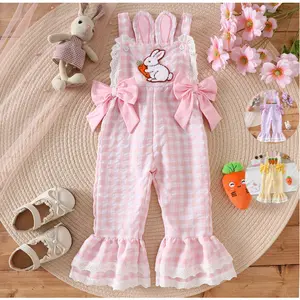 Baby Girl Pink Plaid Bunny & Carrot Embroidered Overalls, 12M-5Y Easter Bunny Ear Ruffle Jumpsuit with Bows C458