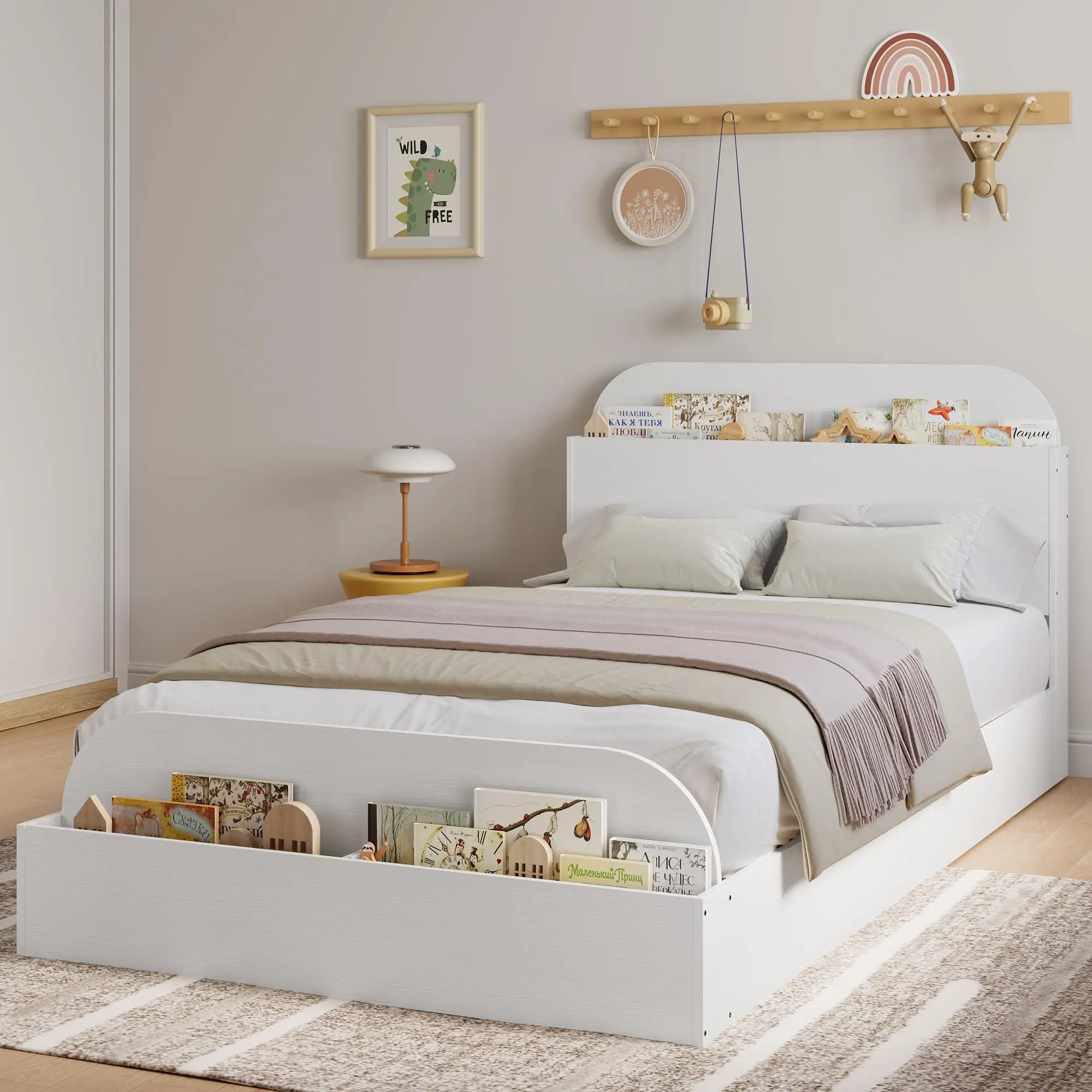 Sturdy Twin Platform Bed Frame with Headboard & Footboard - Short Platform Bed Base, Wooden Floor Design, Noise-Free, No Box Spring Needed, for Teens, Assembly Required, White