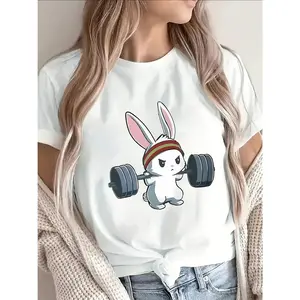 Lightweight And Durable Short-Sleeve T-Shirt Featuring an Adorable Bunny Lifting Weights, Ideal for Casual Wear at Home Or The Gym, Perfect for Everyday Comfort And a Fun Look, Cute Animal Graphic Tee, Comfortable Crew Neck Top