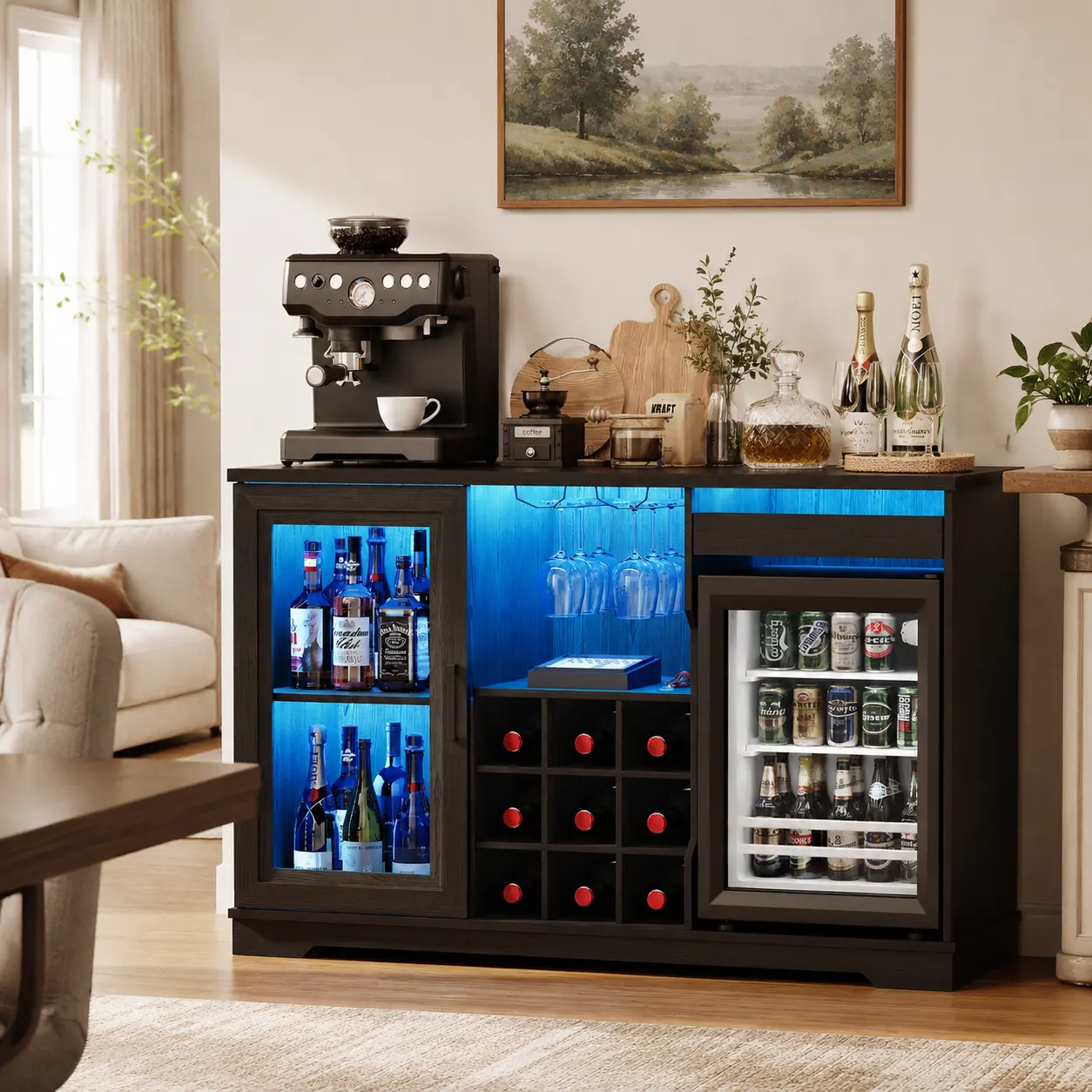 MIIFUNY Coffee Bar Cabinet with Fridge (Fridge Included), Large Liquor Bar Cabinet with LED Lights, Glass Holder & Wine Rack, Wine Cabinet with Human Body Sensor, Buffet Sideboard for Home, Black