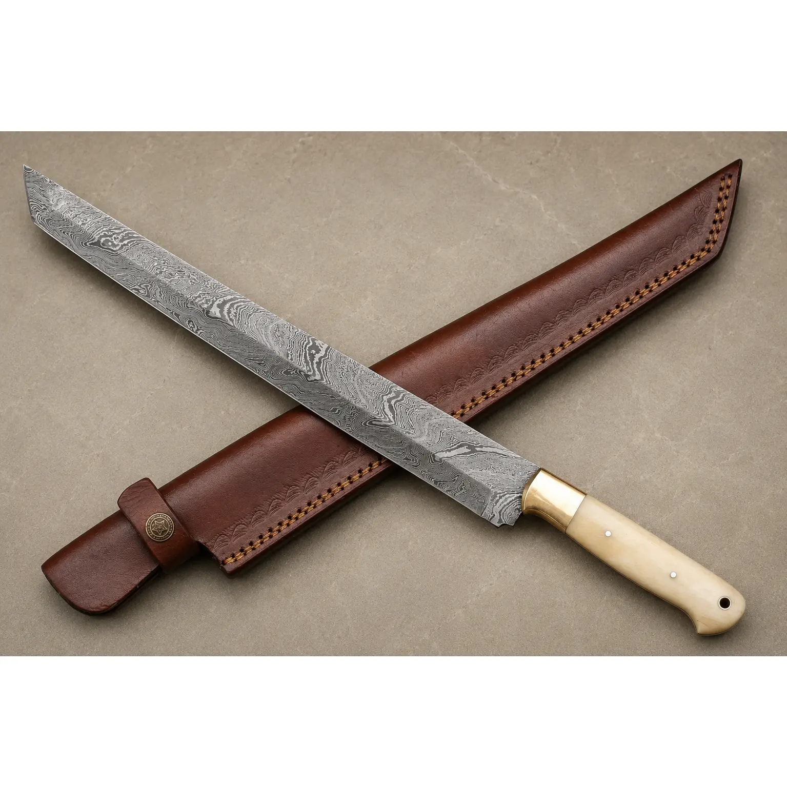 Copper Ridge Damascus Kitchen Knife – 10-Inch Artisan Blade with Camel Bone Handle
