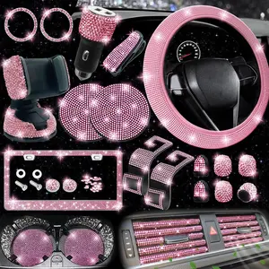 27-Piece Bling Car Accessories Set - Universal Fit Steering Wheel Covers, License Plate Frames, Phone Holder, Car Fast Charger, Coasters (Pink)