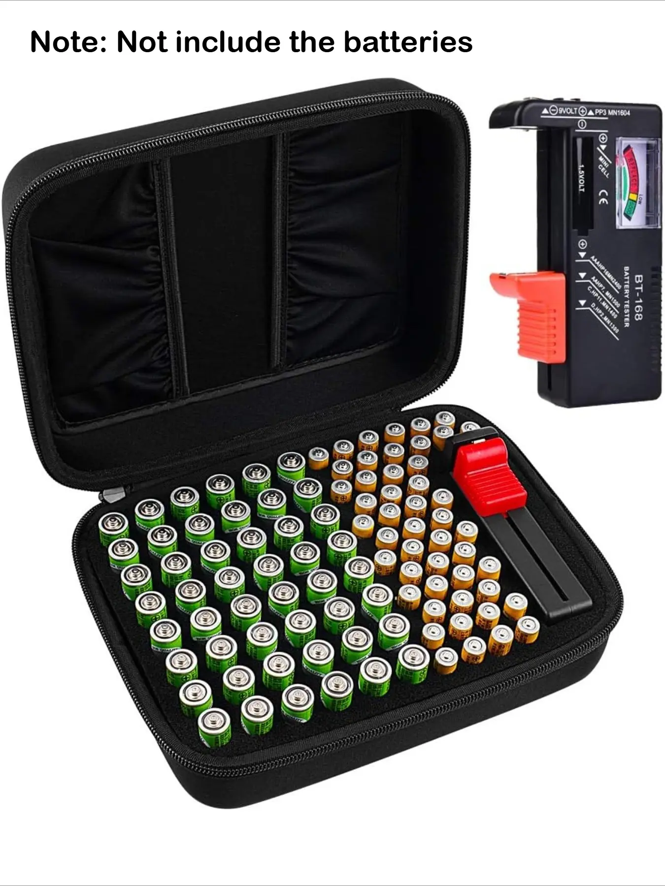 Battery Multifunctional High Capacity Organizer Multi Compartment Storage Box with Lid Case Holder for 48 x AA, 48 x AAA Total 96 Batteries with Battery Tester, Extra 2 Pockets for Other Accessories
