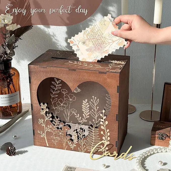 Brown Wedding Card Box for Reception with Heart Acrylic Window, Wooden Gift Card Box for Wedding with Flower Pattern, Vintage Card Box for Graduation Birthday Party Anniversary Baby Shower